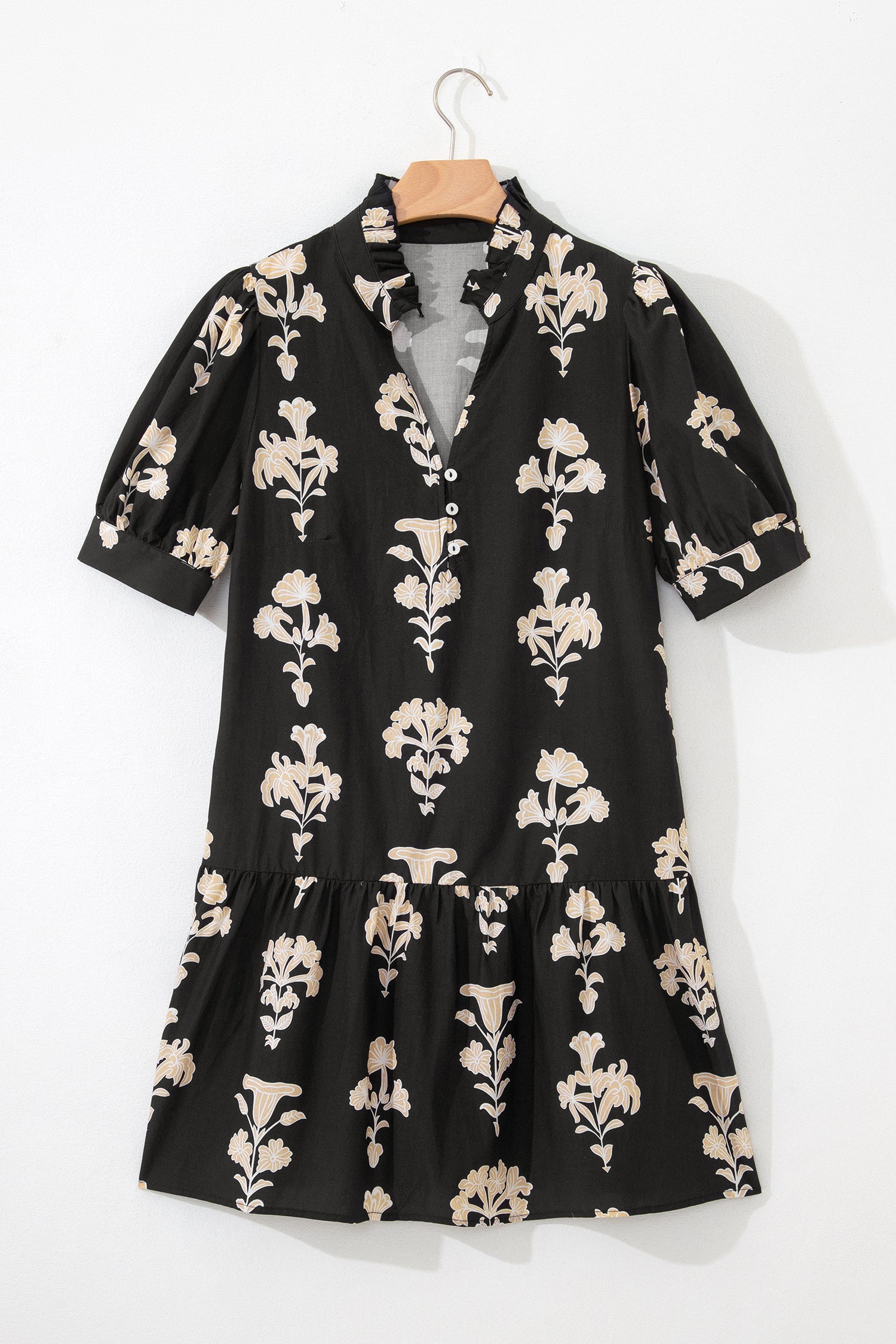 Floral Frill V-Neck Puff Sleeve Drop Waist Mini Dress