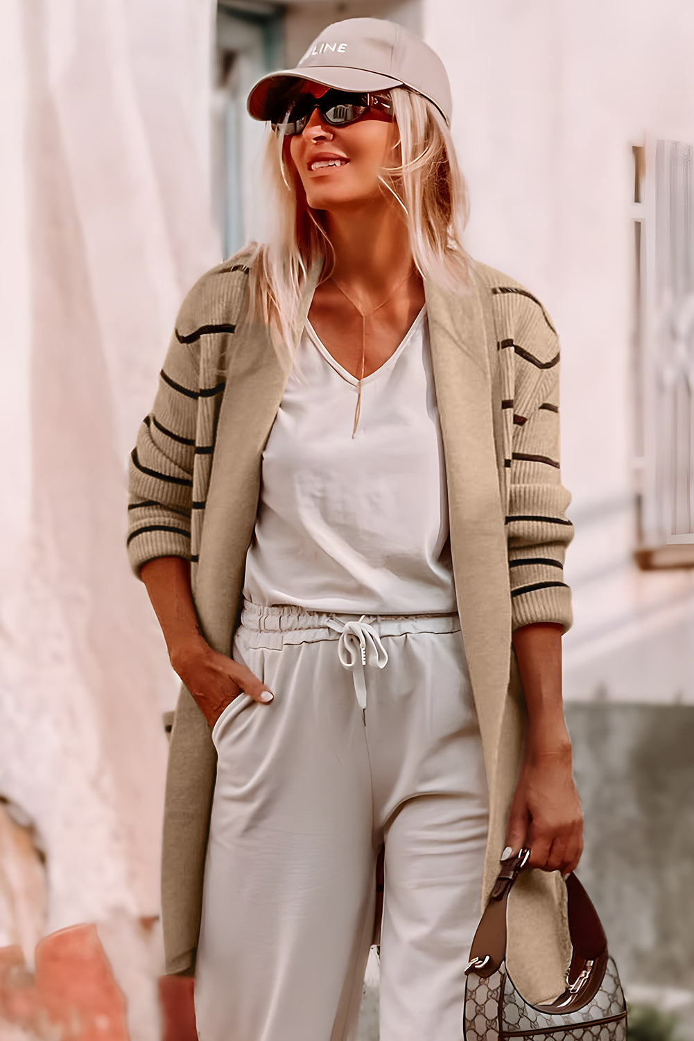Black Stripe Shawl Neckline Open Cardigan with Pockets eAura