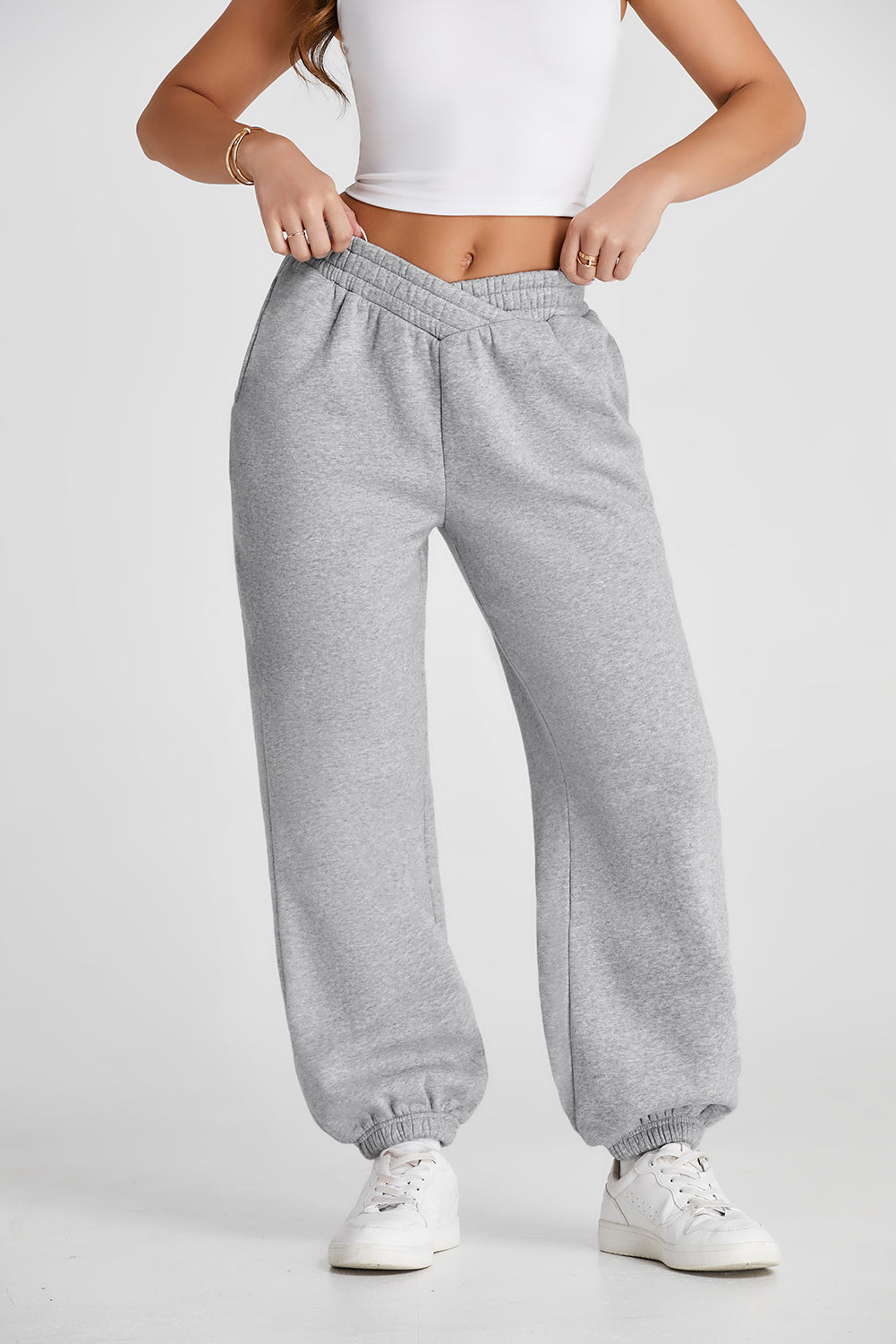 Solid Color Crisscross Elastic Waist Sweatpants – Light Grey