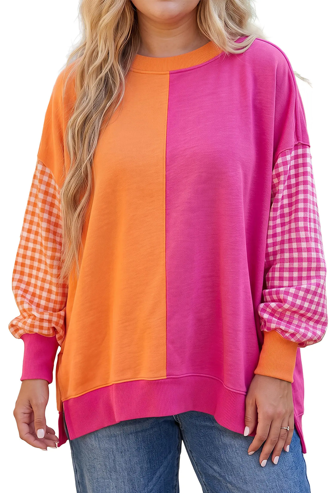 Colourblock Patchwork Gingham Sleeve Trendy Plus Size Sweatshirt