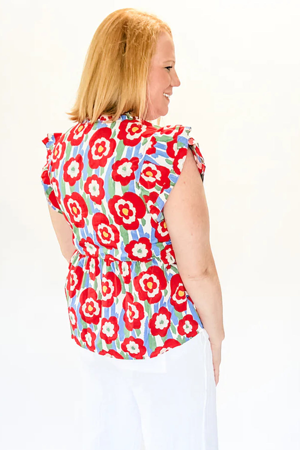 Red Plus Size Floral Print Ruffle Trim Split Neck Peplum Top BB Fashion Outlet