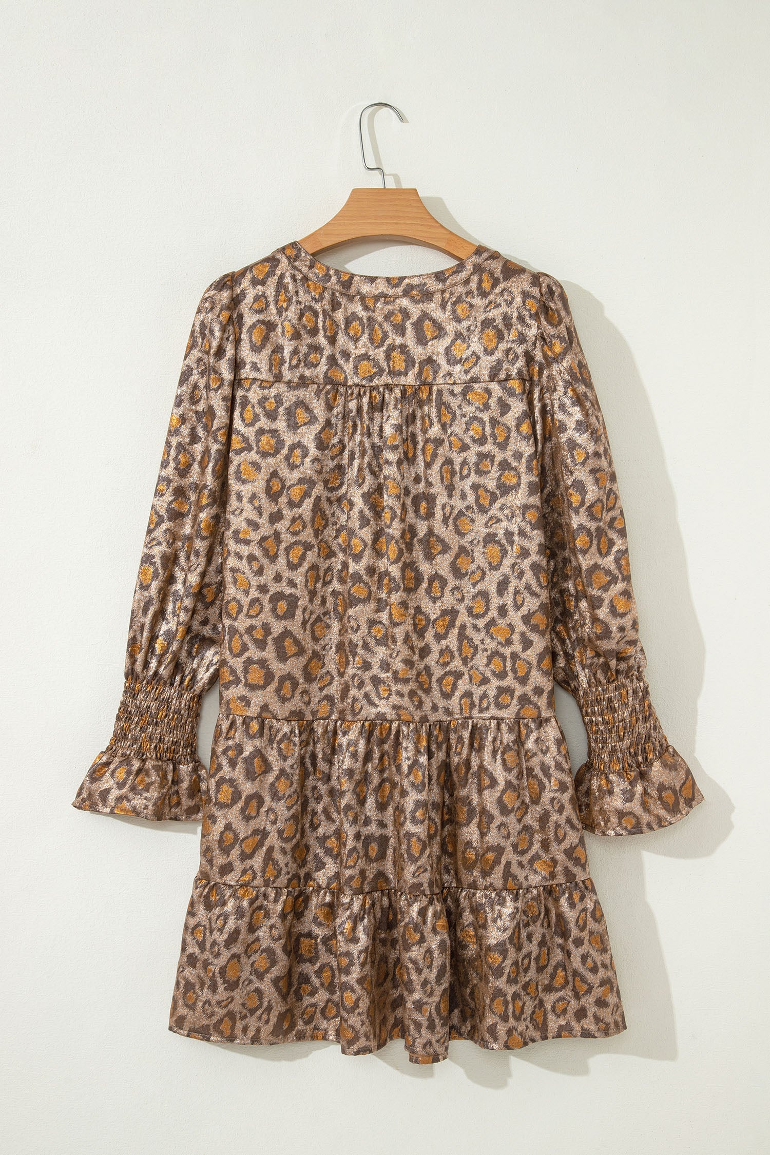 Khaki Leopard Print V-Neck Ruffled Sleeve Tiered Loose Mini Dress