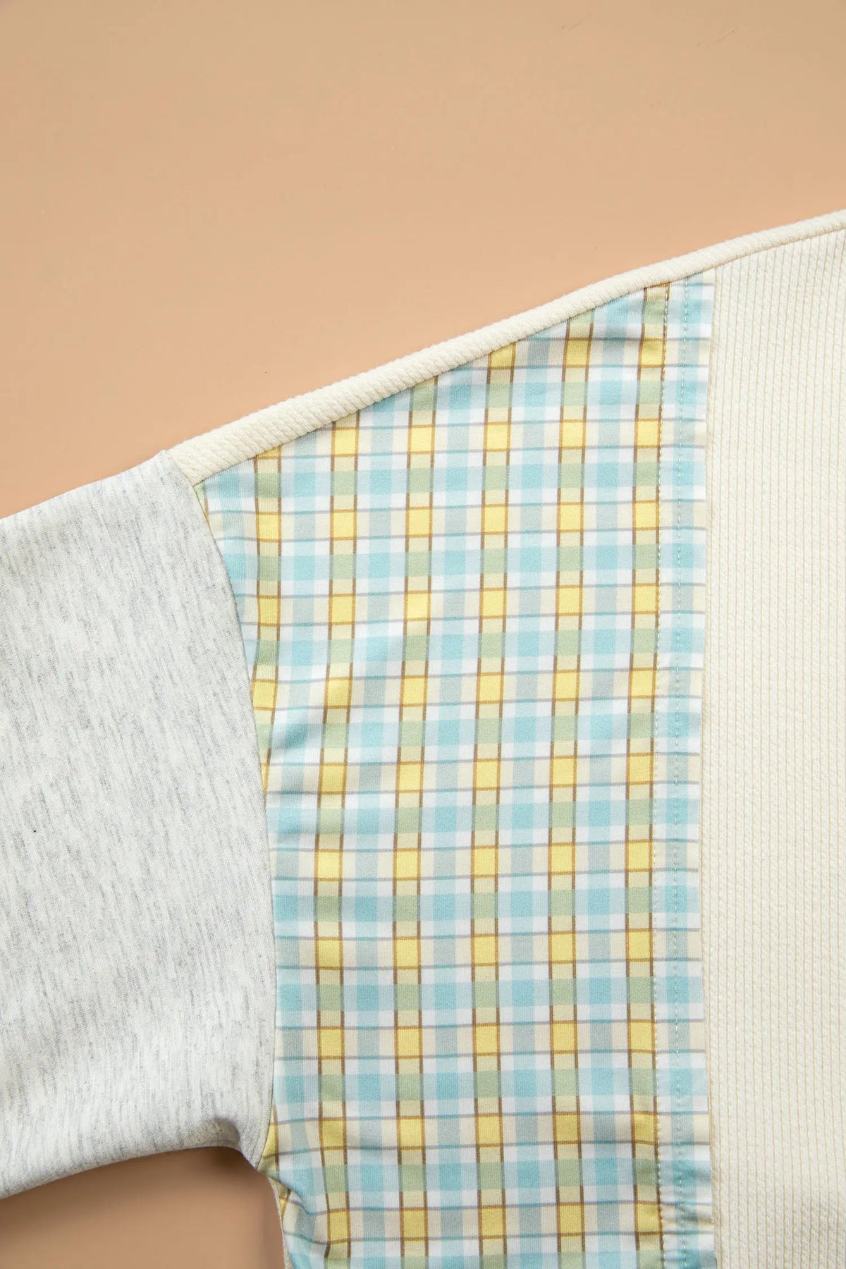 Plaid Patchwork Round Neck Long Sleeve Top – Light Blue