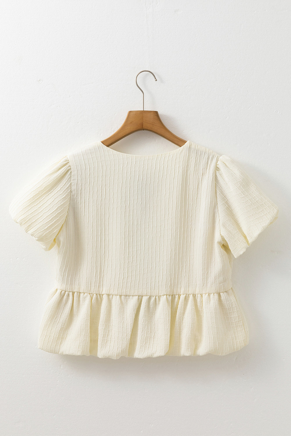 White Textured Bow Ties Front Bubble Hem Puff Short Sleeve Blouse eAura