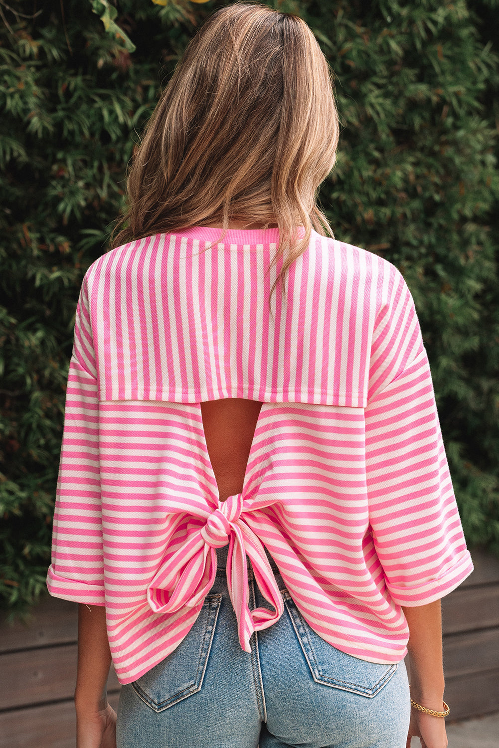 Pink Stripe Bowknot Cutout Back Drop Shoulder Wide Bracelet Sleeve Loose Tee eAura