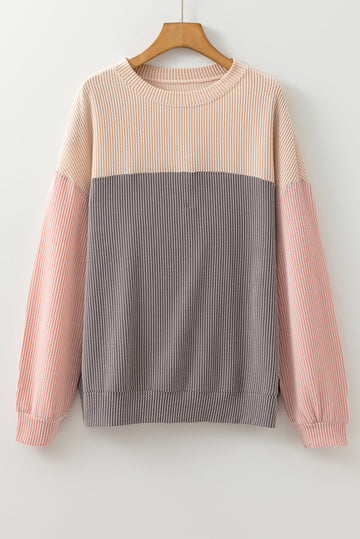 Multicolour Colour Block Long Sleeve Ribbed Loose Top eAura