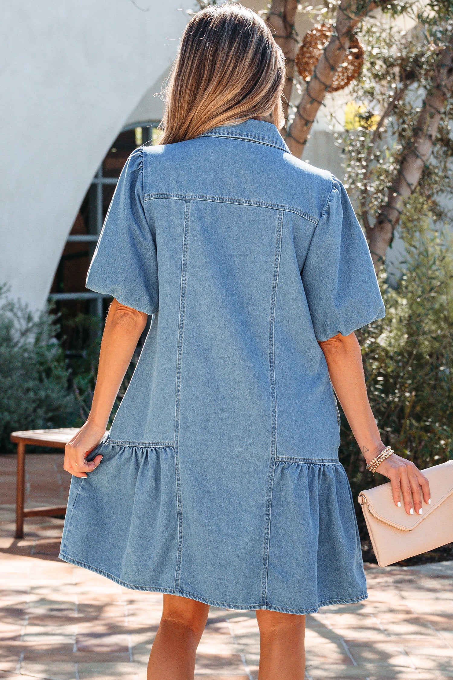 Button Down Puff Sleeve Ruffle Hem Patchwork Denim Mini Dress