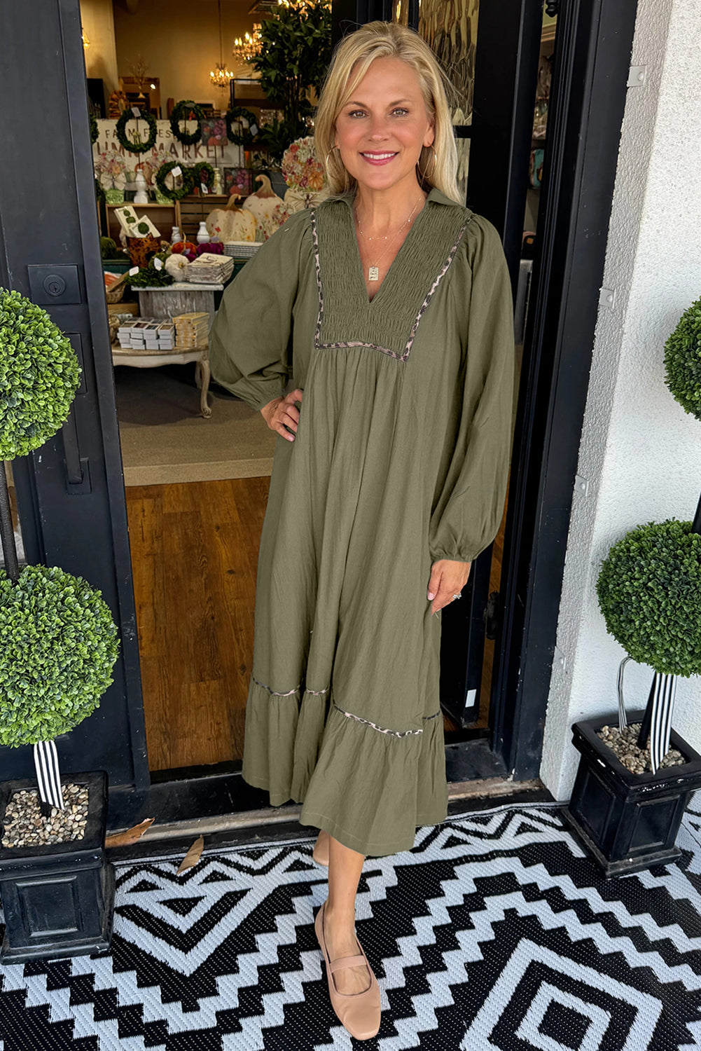 Collared V-Neck Smocked Detail Contrast Leopard Trim Bracelet Sleeve Long Dress - eAura