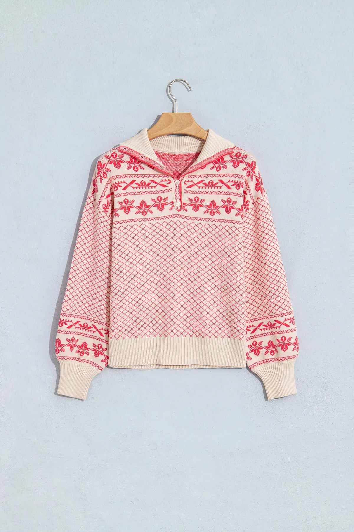 Cozy Abstract Print Button Stand Neck Casual Sweater