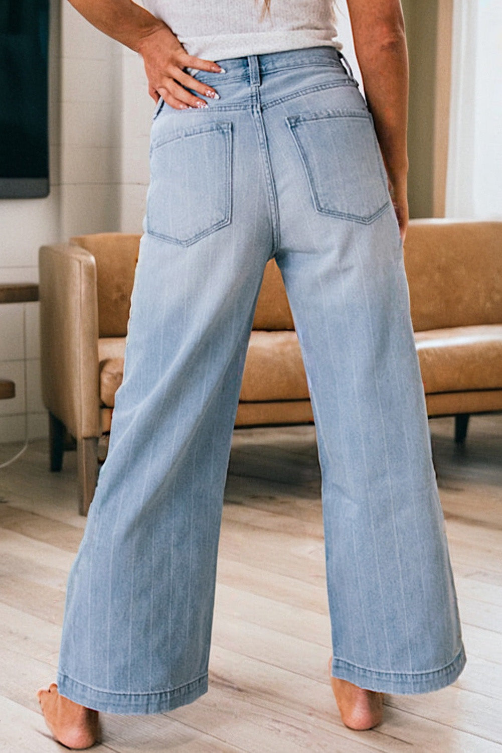 Multi Buttons Pinstripe Wide Leg Jeans - eAura