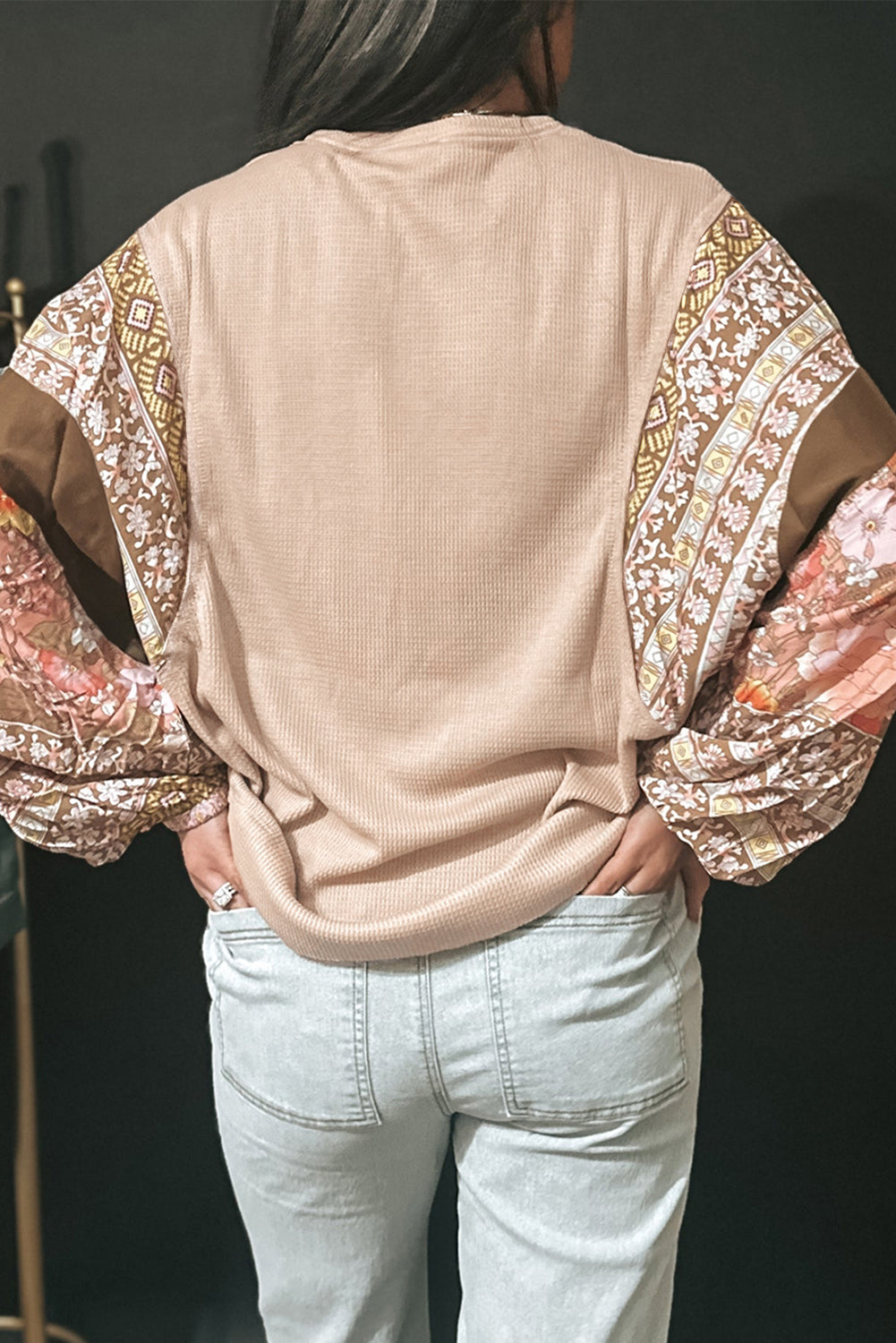 Parchment Contrast Floral Patchwork Puff Sleeve Waffle Knit Top eAura
