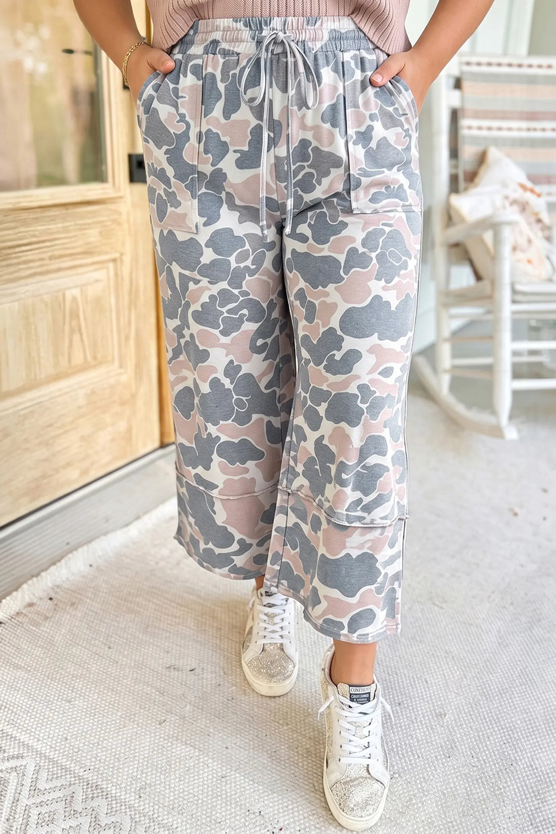 Camouflage Print Patch Pockets Ankle-Length Plus Size Pants – Khaki