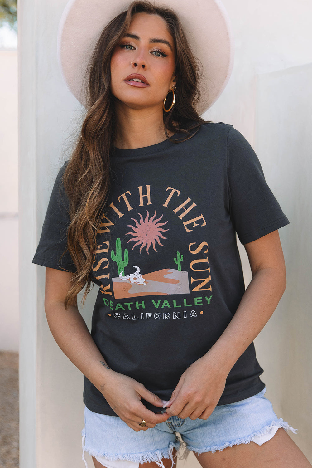 Dark Grey RISE WITH THE SUN Western Fashion Graphic Tee eAura