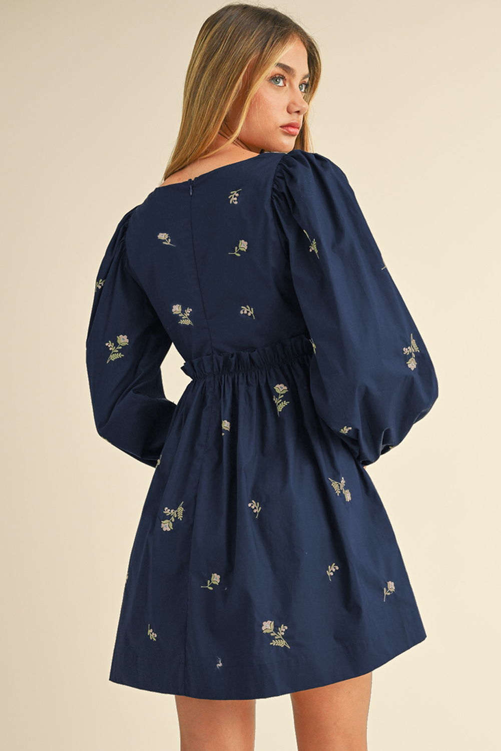 Blue Floral Embroidered Square Neck Puff Sleeve Ruffled Mini Dress eAura