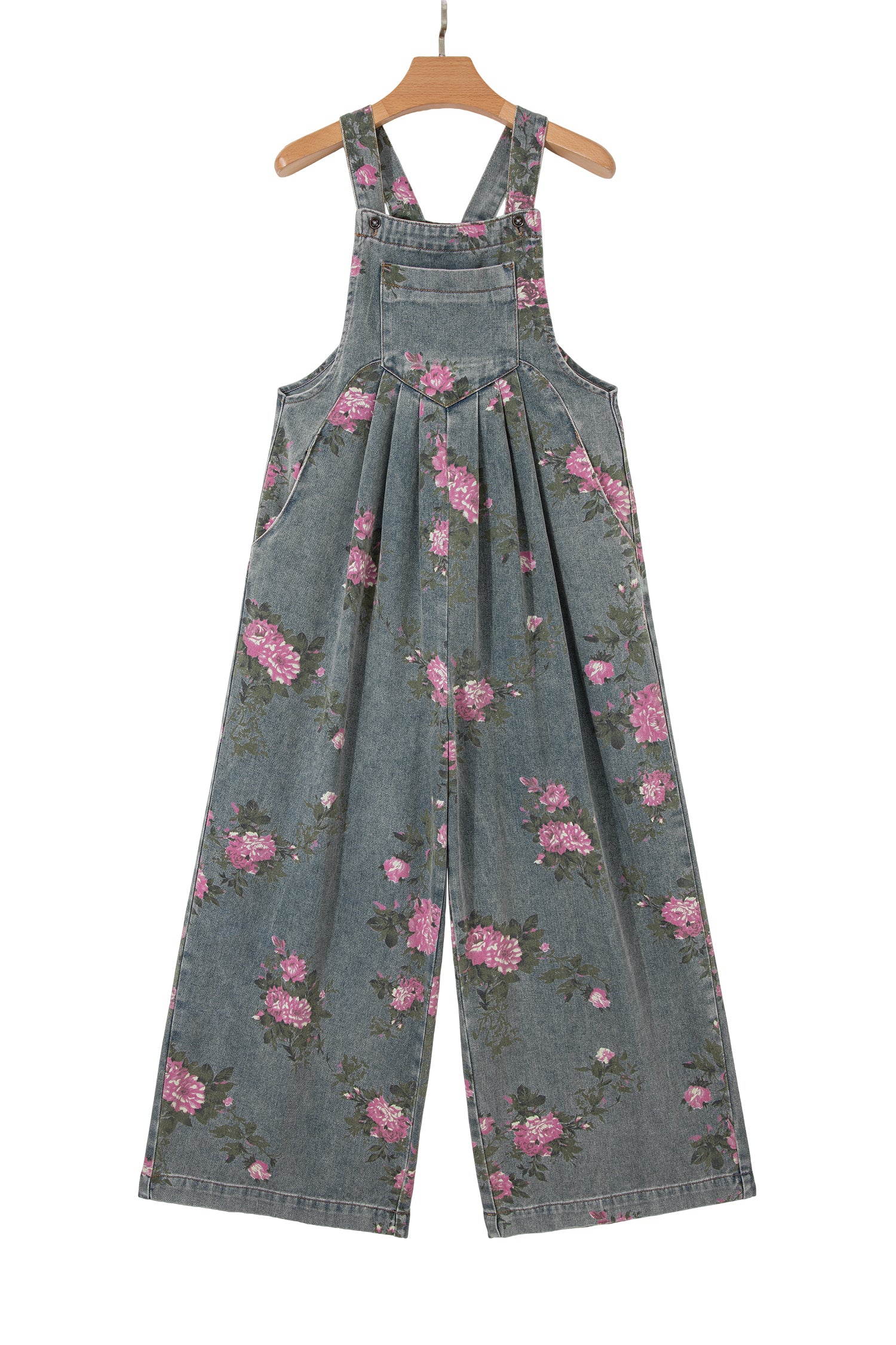 Floral Print Pleated Wide Leg Denim Jumpsuit – High Waist