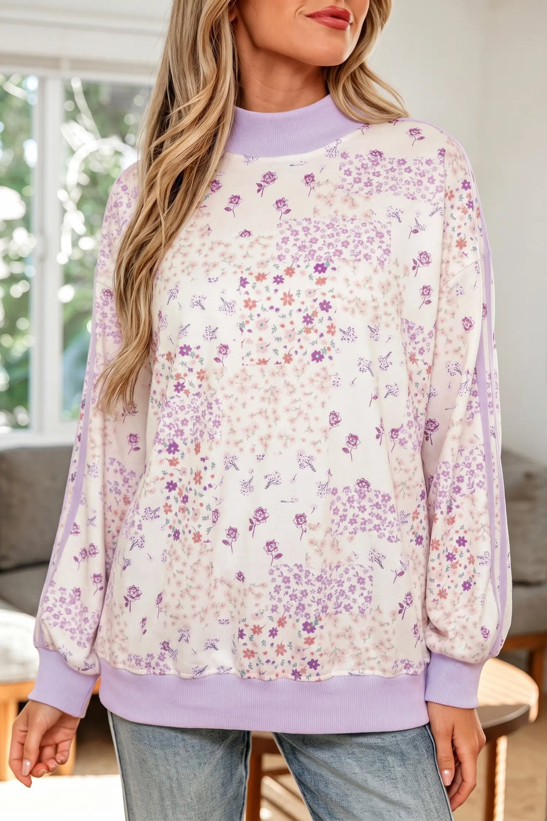 Floral Print High Neck Colourblock Sleeve Paneling Sweatshirt – Purple