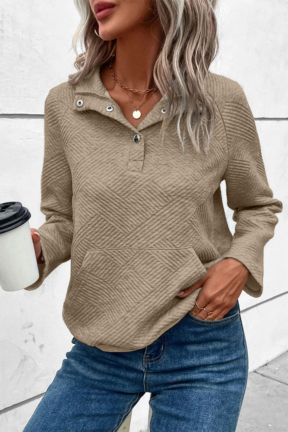 Laurel Green Textured Knit Buttoned Kangaroo Pocket Sweatshirt eAura