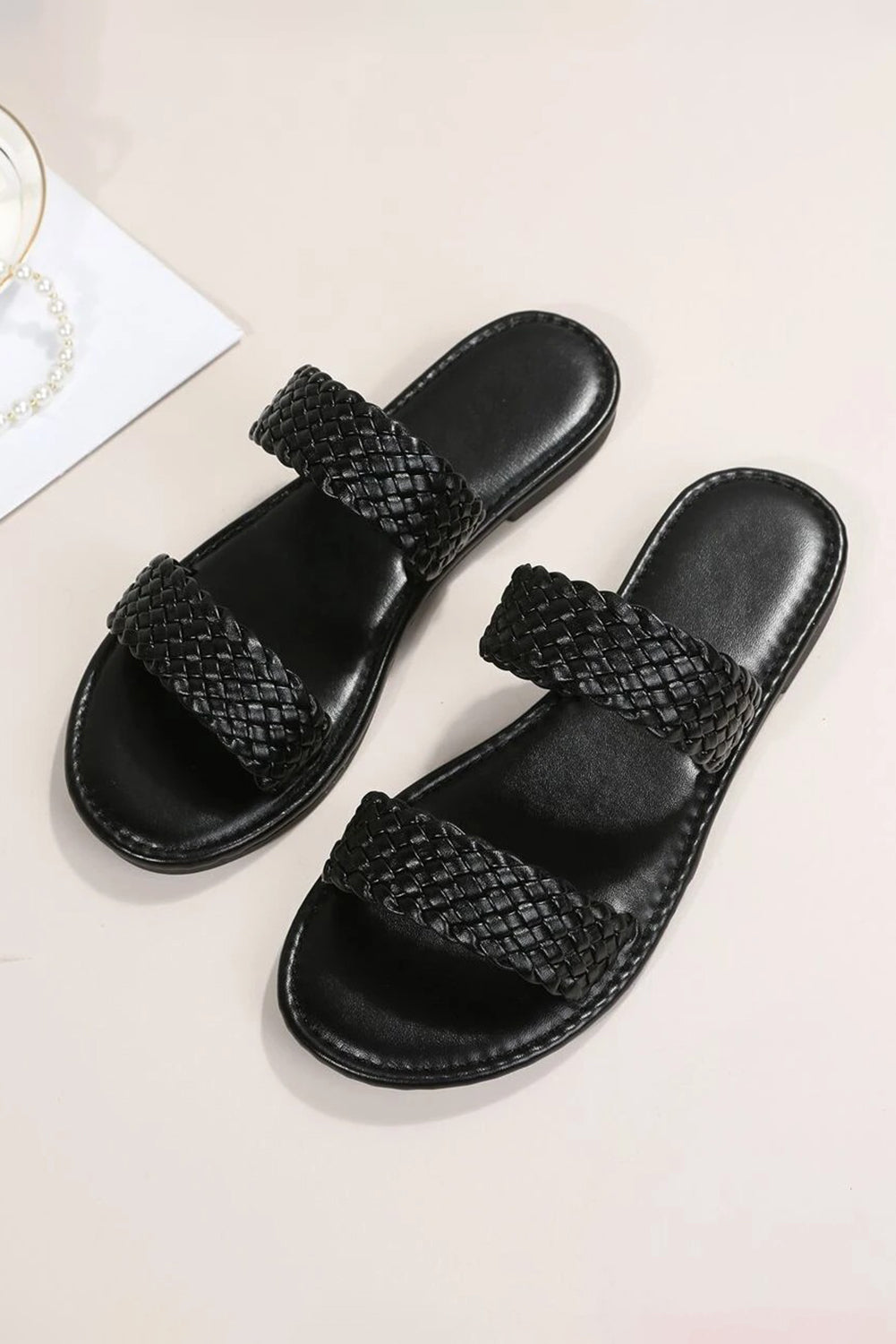 Black Braided Double Band Leathered Flat Sandals Beagle Boutique Fashion Outlet