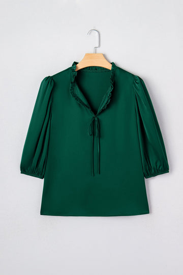 Frilled V-Neck Bow Detail 3/4 Sleeve Blouse - eAura