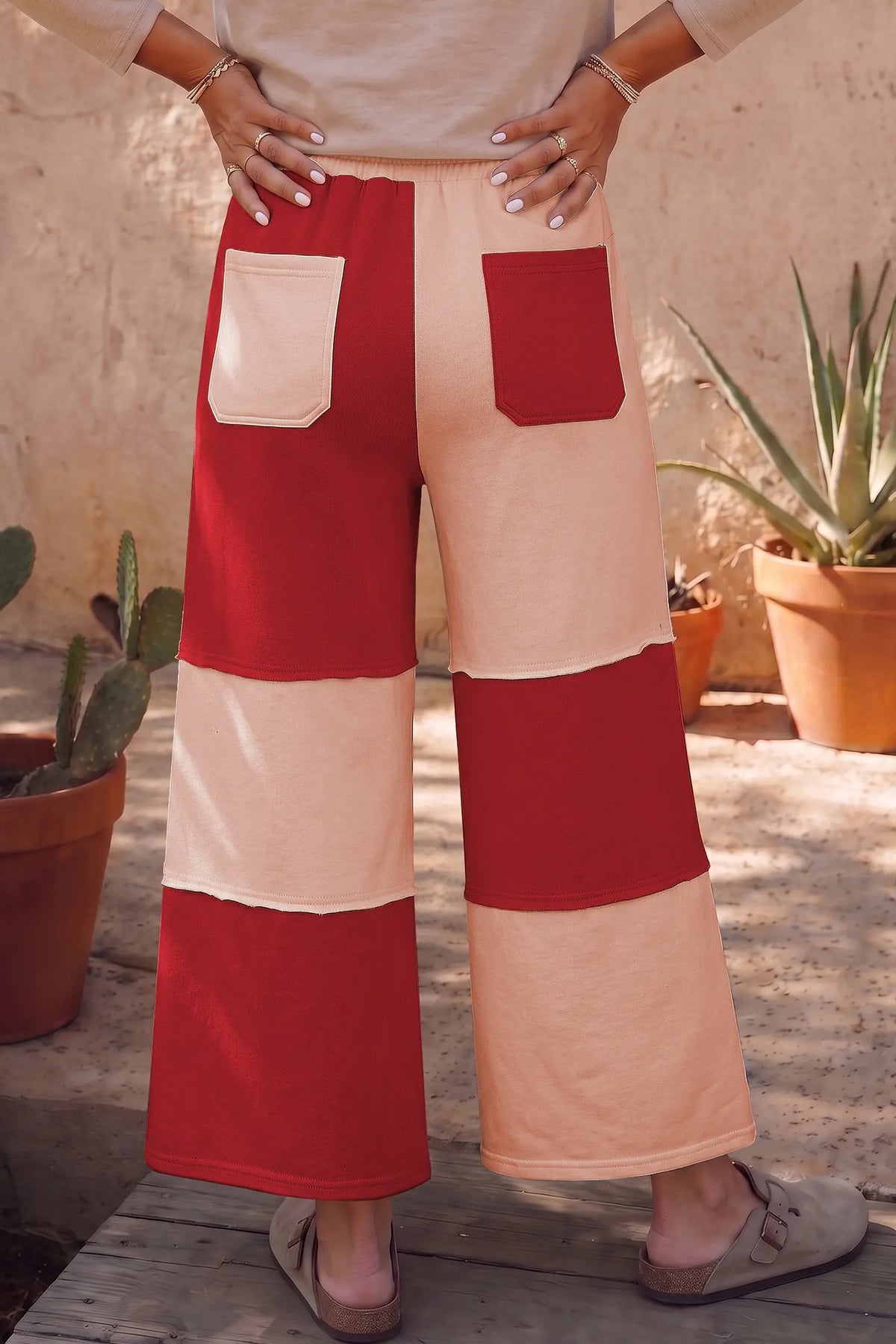 Raw Seam Colourblock Wide Leg Ankle Length Casual Pants – Fiery Red