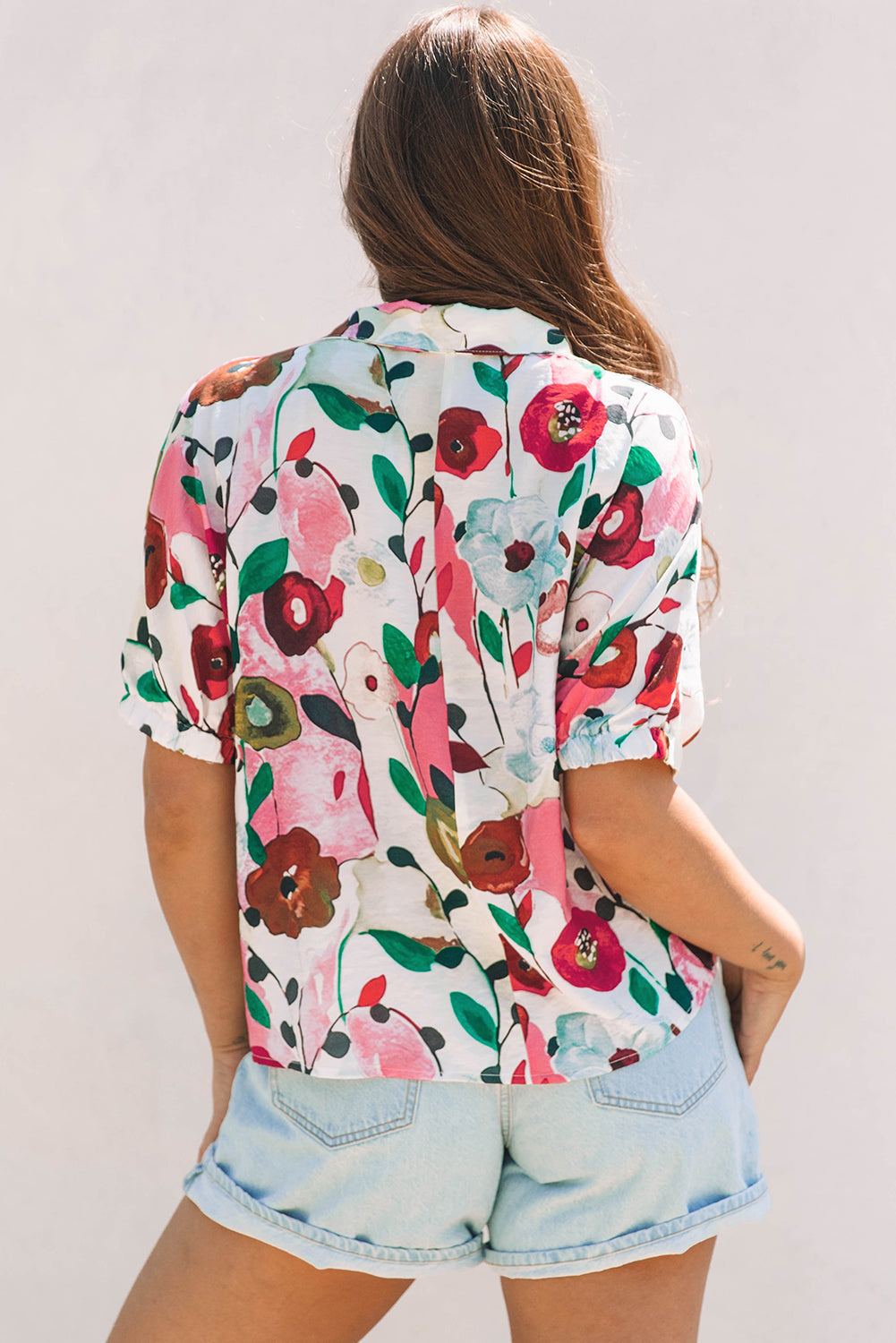 Pink Floral Print Slit V Neck Short Sleeve Blouse eAura