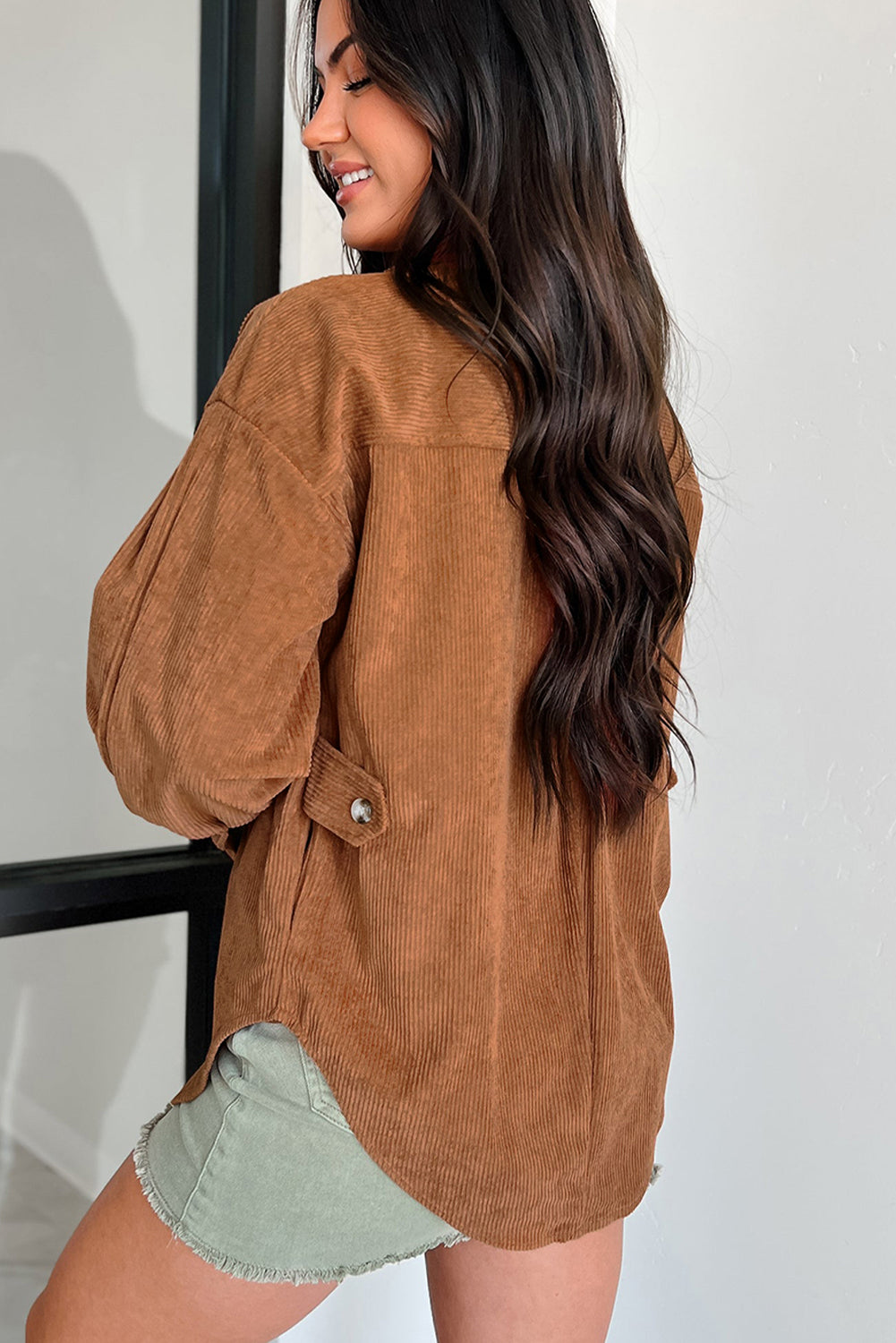 Cinnamon Corduroy Flap Pocket Button Up Round Hem Shacket eAura
