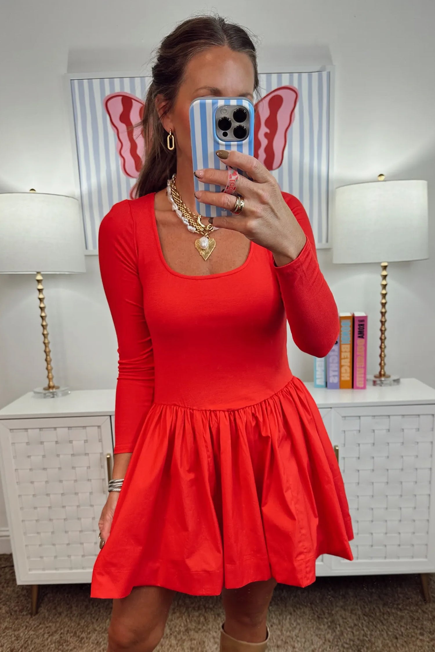 U Neck Long Sleeve Fit and Flare Short Dress – Fiery Red
