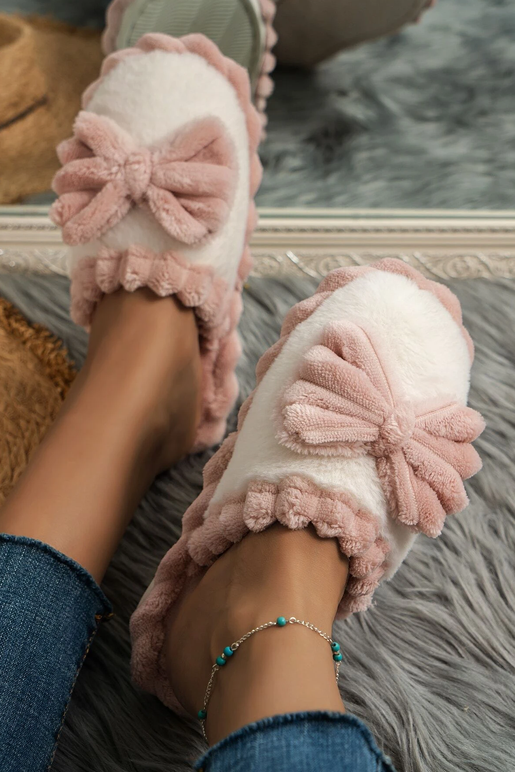 Bow Decor Rib Plush Slippers - eAura