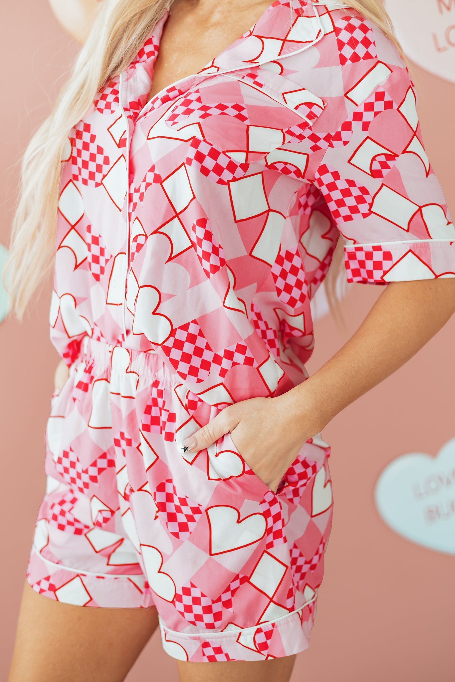 Heart Print Shirt Style Short Pyjama Set - eAura