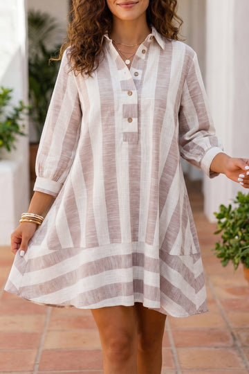 Striped Button-Up Three-Quarter Sleeve Short Shift Dress – Khaki Stripe