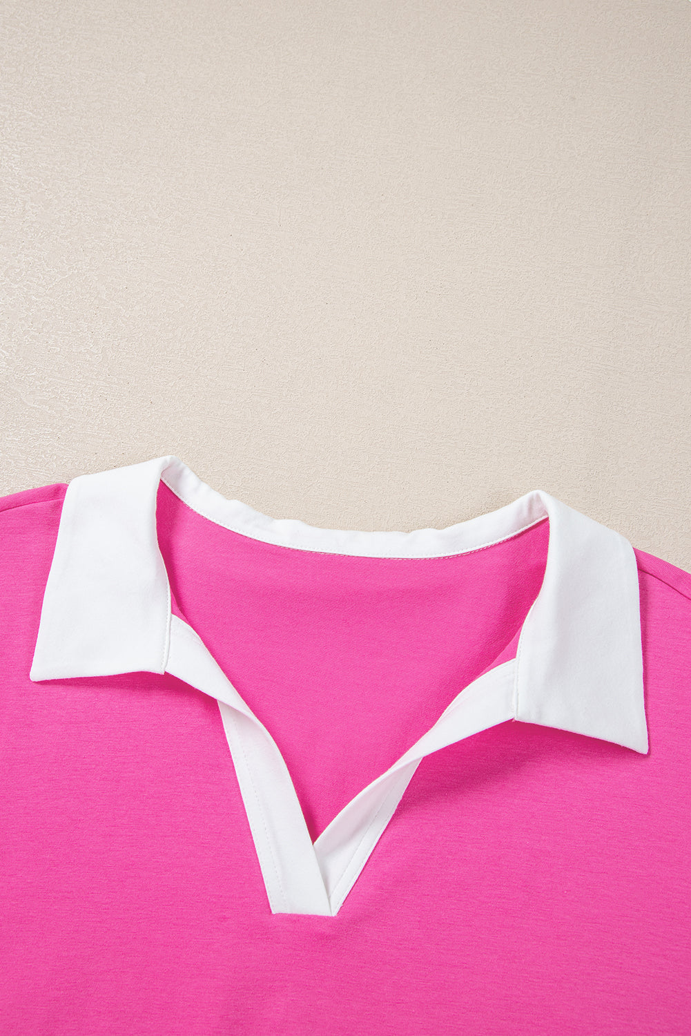 Pink Contrast Trim Collared Split Neck Short Sleeve Plus Size Top BB Fashion Outlet