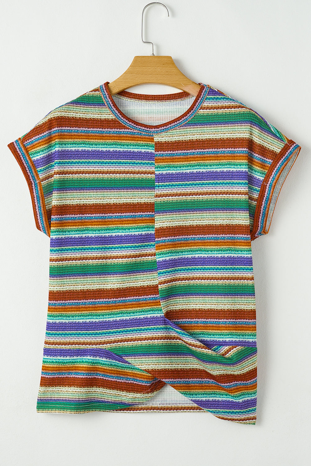 Multicolour Striped Pattern Twist Hem Short Sleeve Top eAura