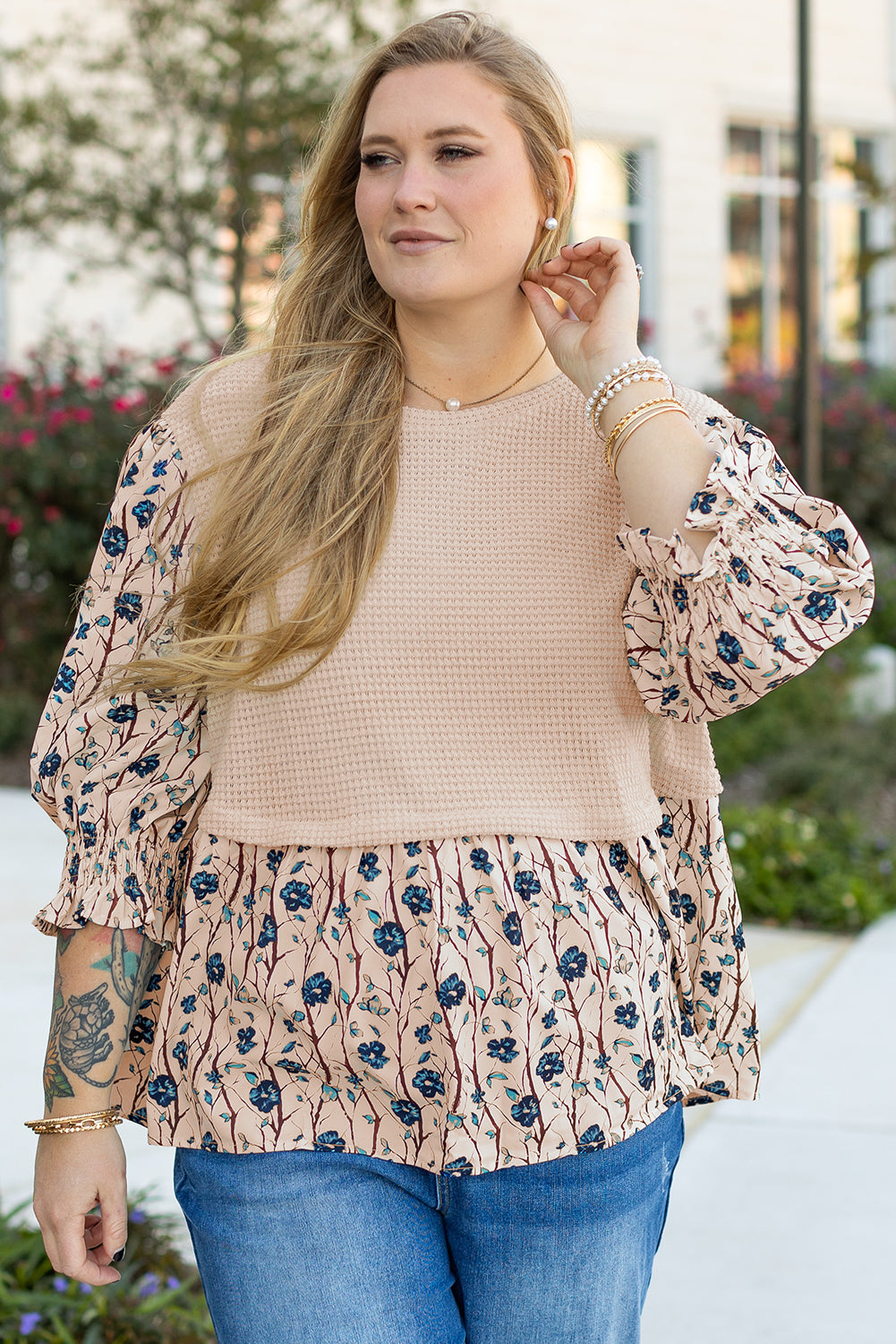 Beige Faux Two Piece Knit Patchwork Floral Print Plus Size Top BB Fashion Outlet