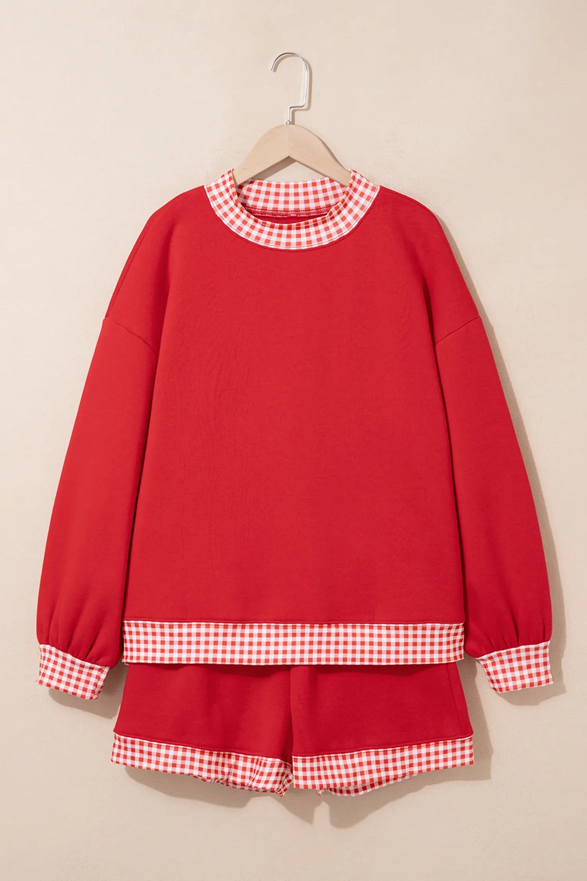 Gingham Trim Baggy Pullover 2pcs Short Set – Fiery Red