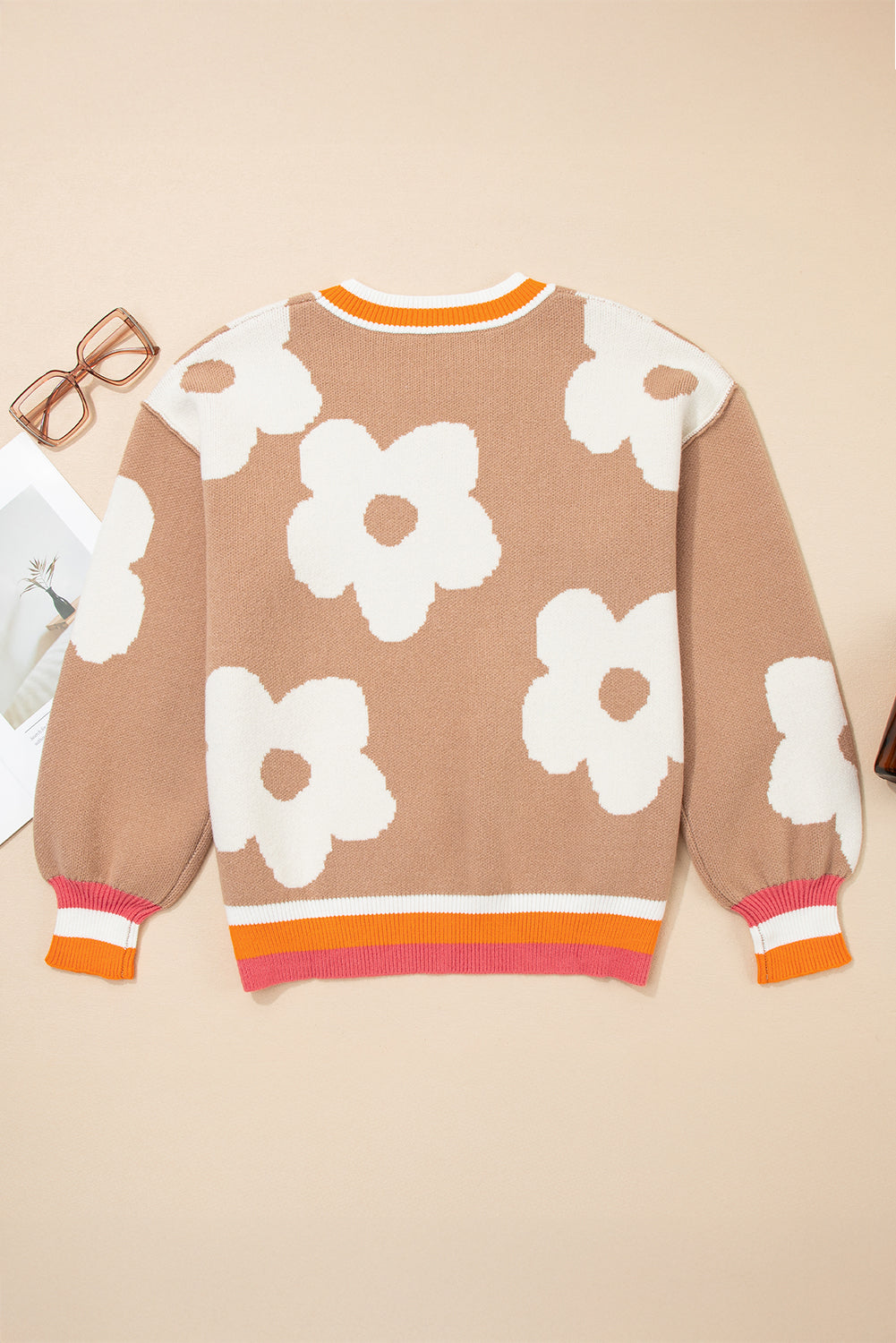 Big Flower Pattern Contrast Striped Baggy Sweater - eAura