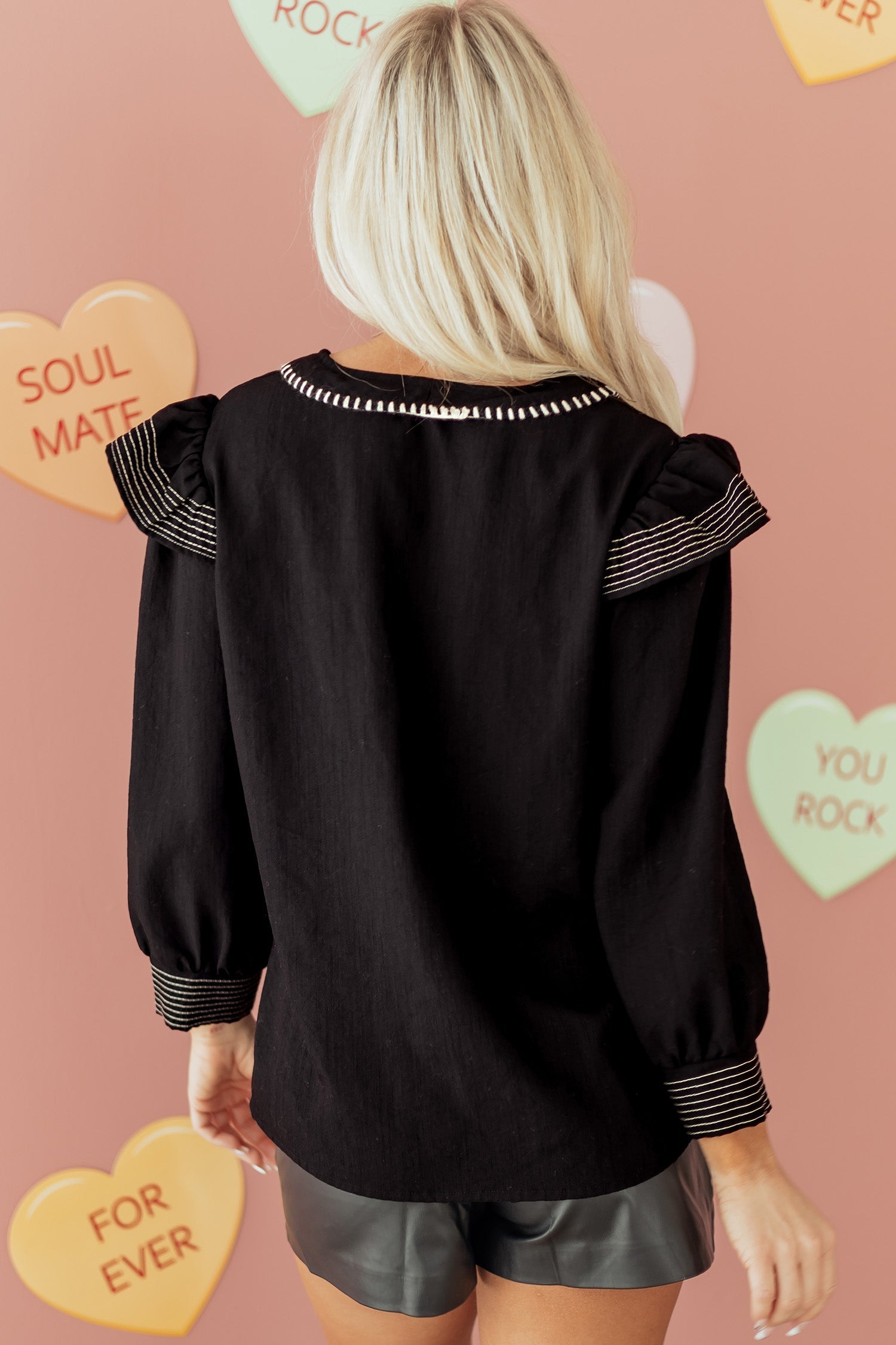 Black Contrast Stitched Detail V Neck Ruffle Long Sleeve Blouse - eAura