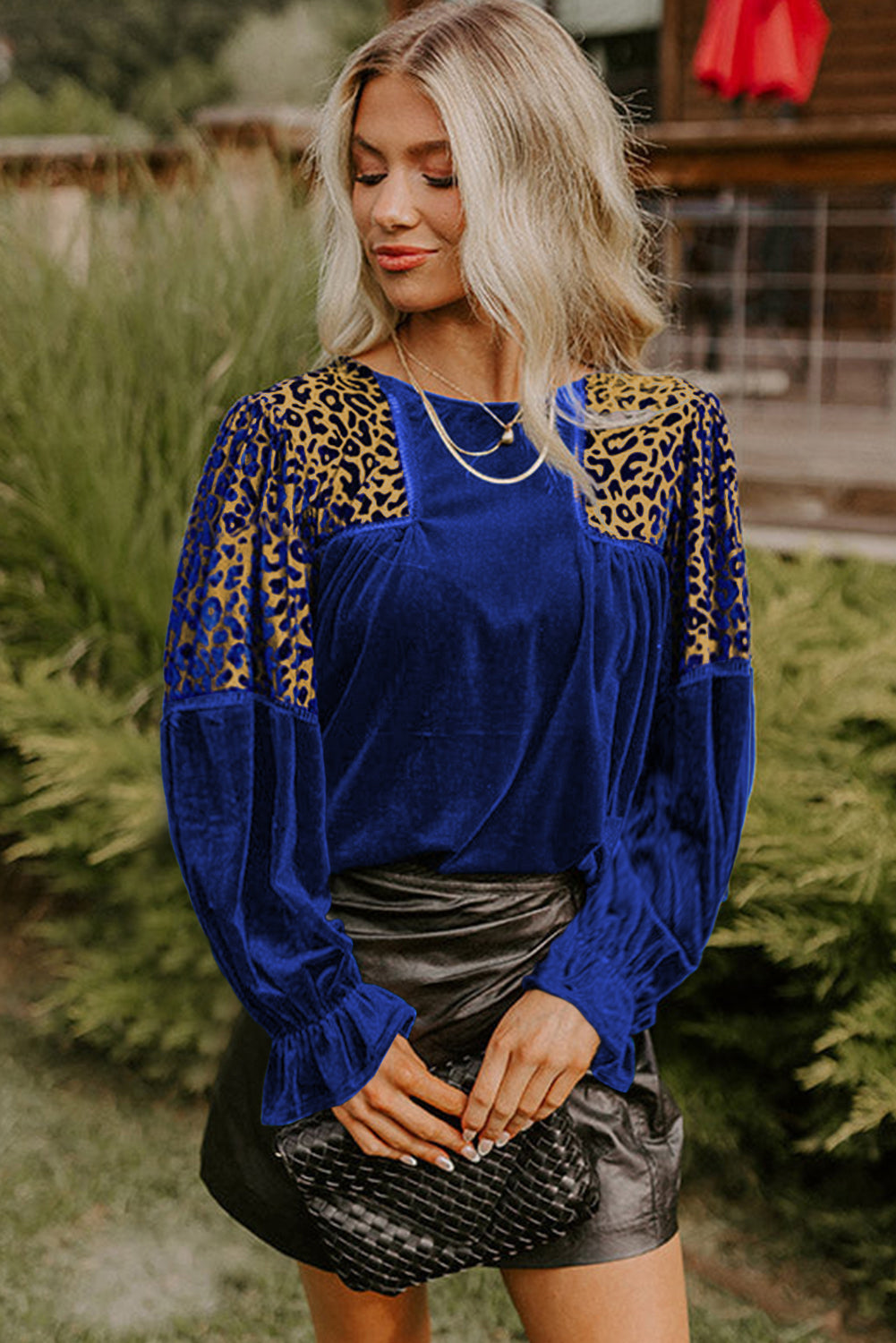 Leopard Patchwork Shoulder Flounce Sleeve Velvet Blouse - eAura