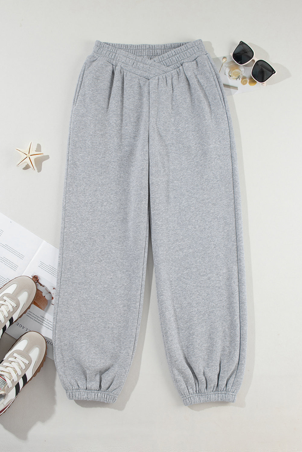 Solid Color Crisscross Elastic Waist Sweatpants – Light Grey