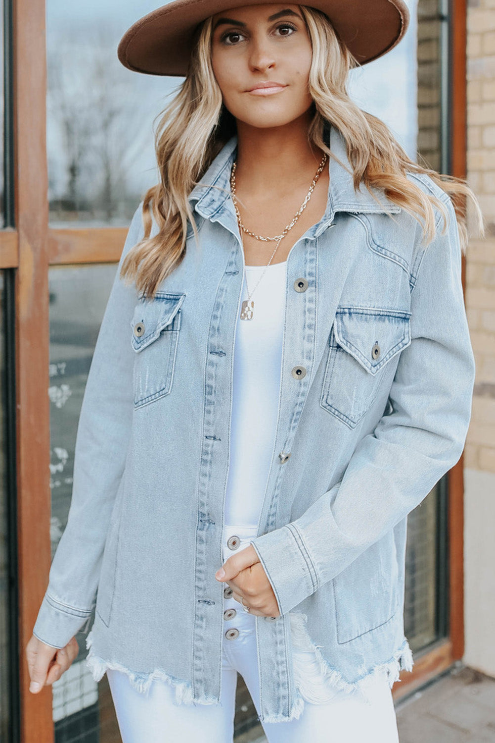 Sky Blue Flap Pocket Buttoned Raw Hem Denim Jacket eAura