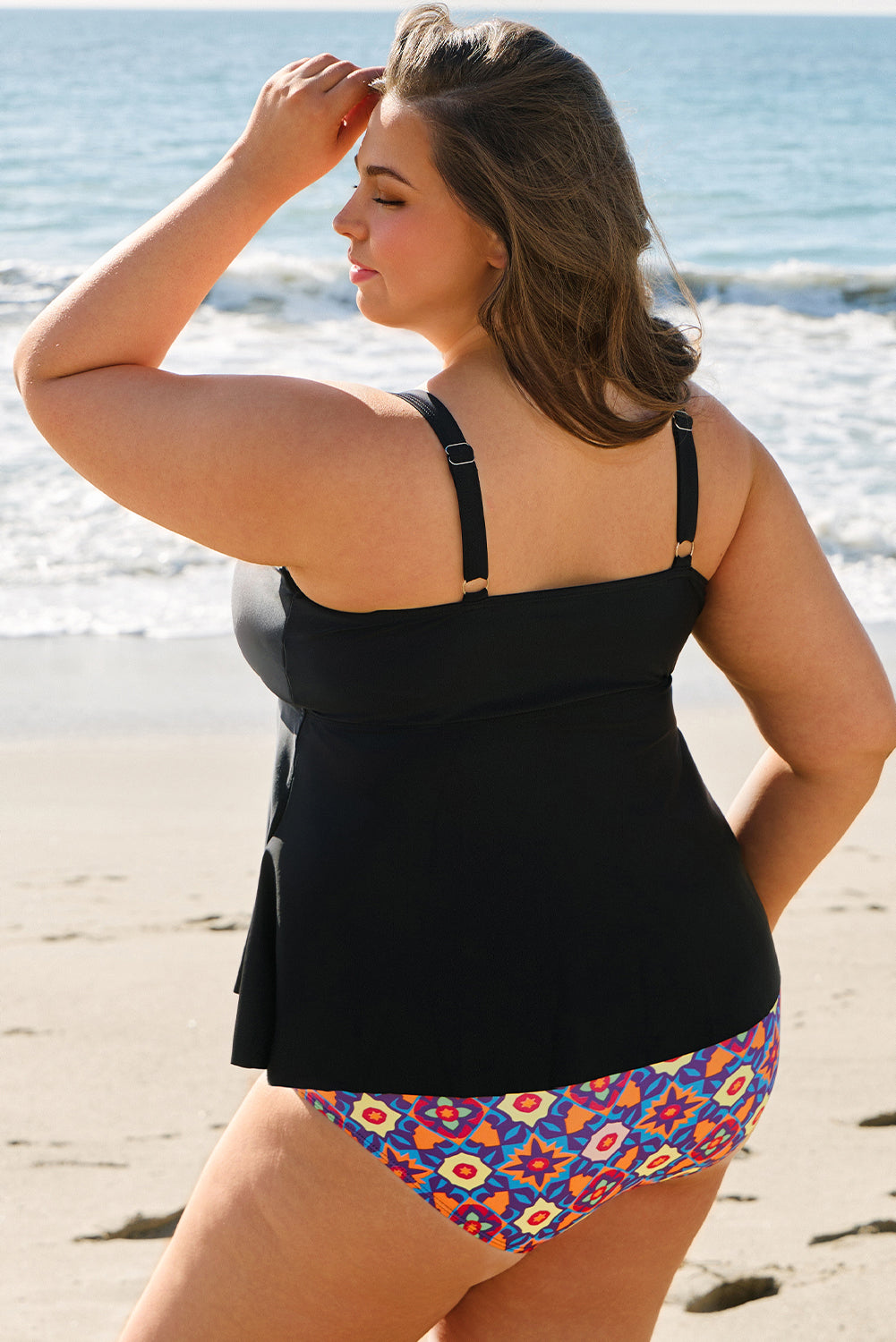 Black Drawstring Tied Front Flared Top Geometric Print Bottom Plus Size Tankinis BB Fashion Outlet