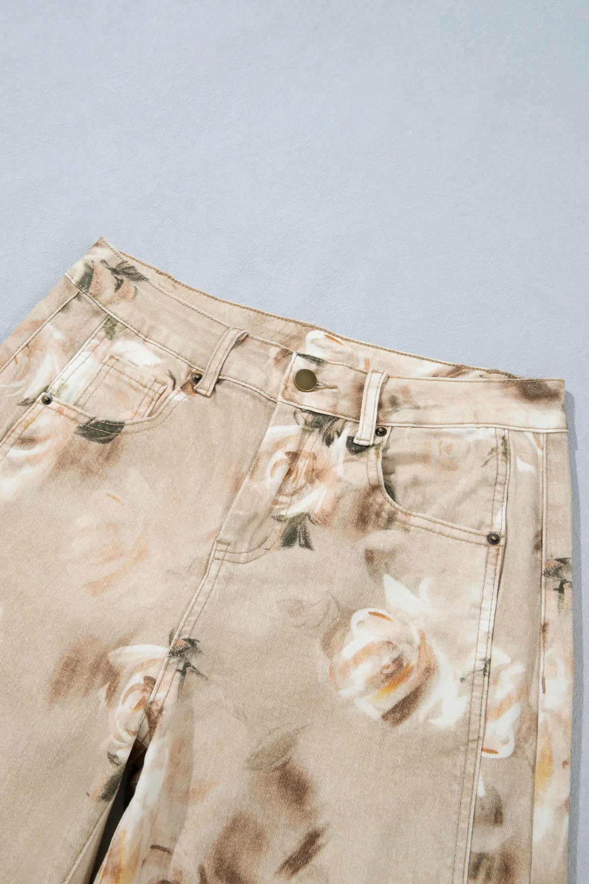 Retro Floral Print Relaxed Barrel Jeans – Khaki