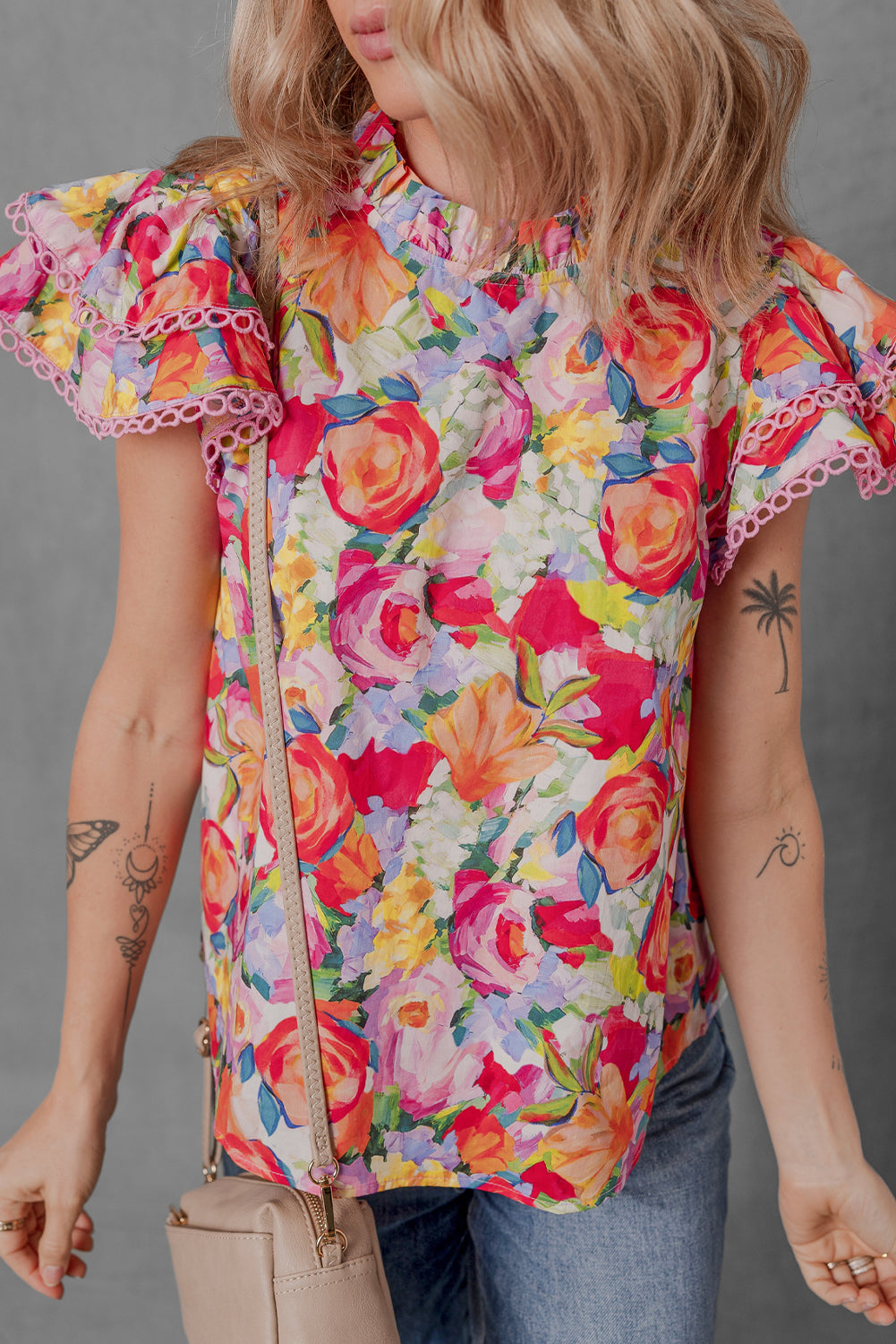 Multicolour Lace Trim Ruffle Short Sleeve Floral Blouse eAura