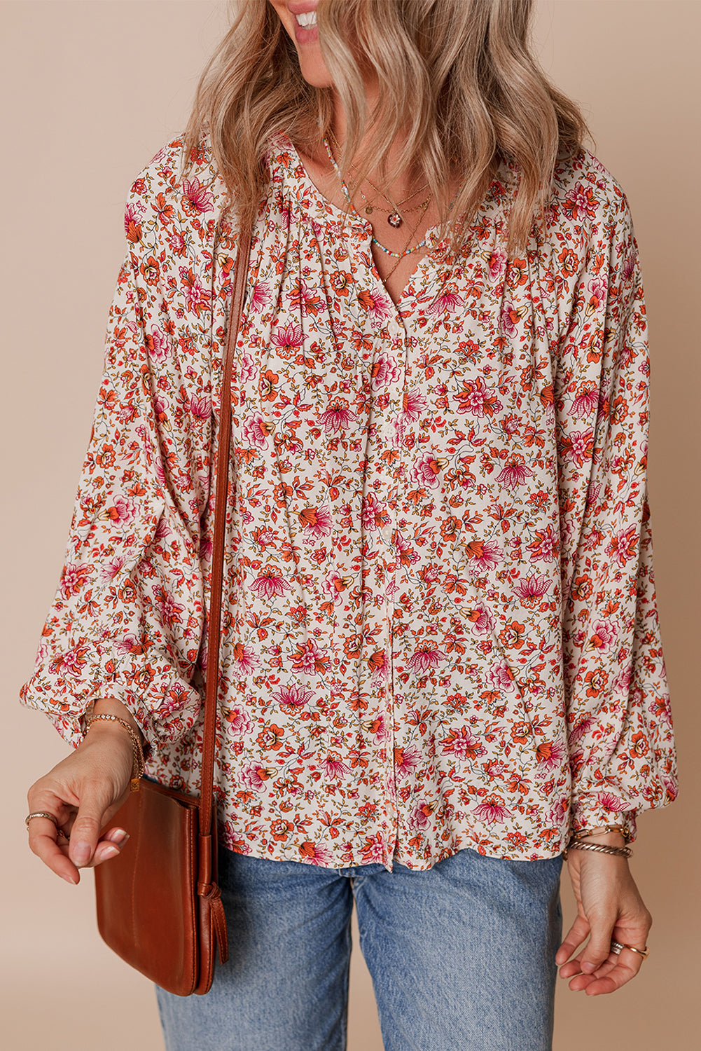 Red Floral Print Pleated Detail Notched Neck Puff Sleeve Blouse - eAura