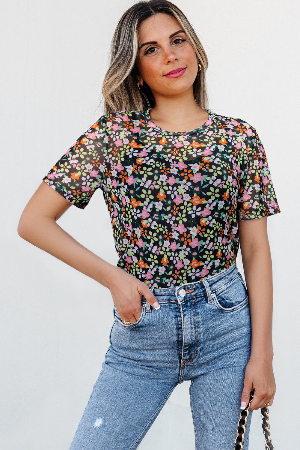 Black Sheer Floral Mesh Round Neck T-Shirt eAura