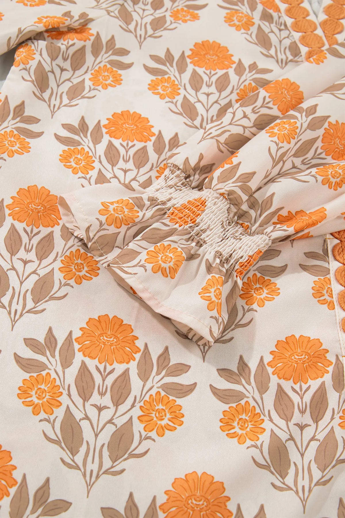 Floral Print Contrast Detail V Neck Long Sleeve Blouse – Orange