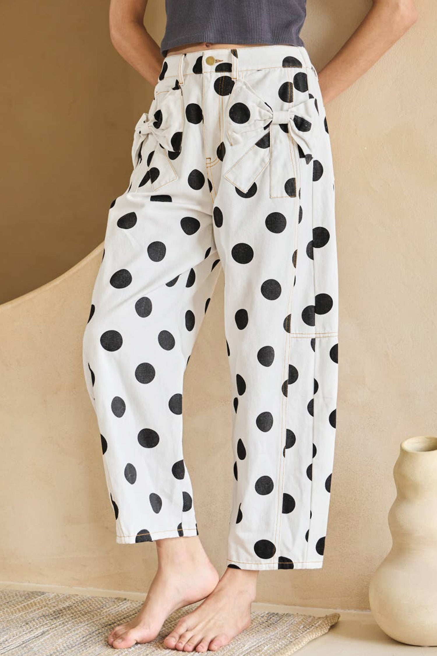 Polka Dot Print Bow Detail Pocketed Jeans