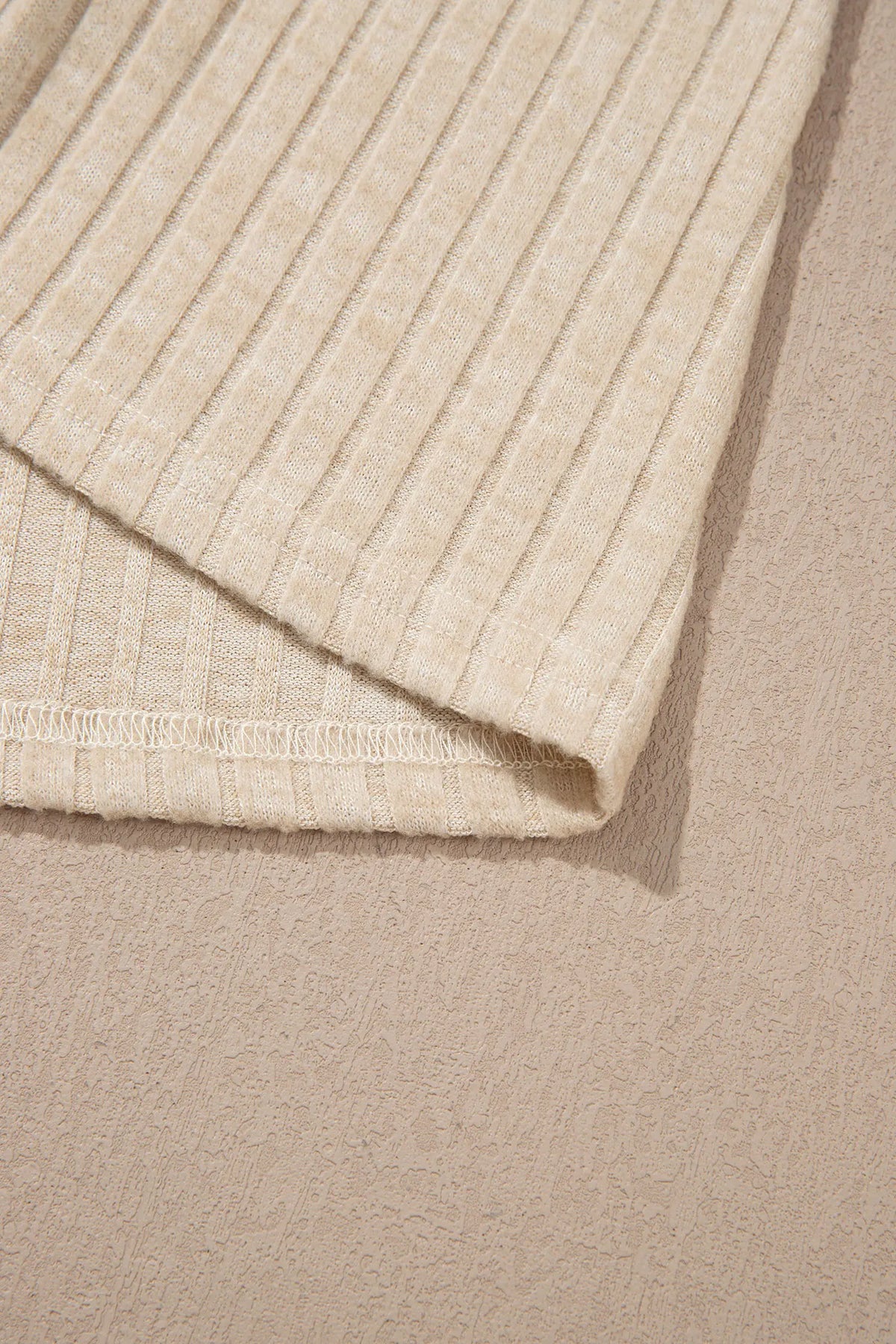 Apricot Solid Colour Ribbed Knit Cowl Neck Long Sleeve Top – Beige