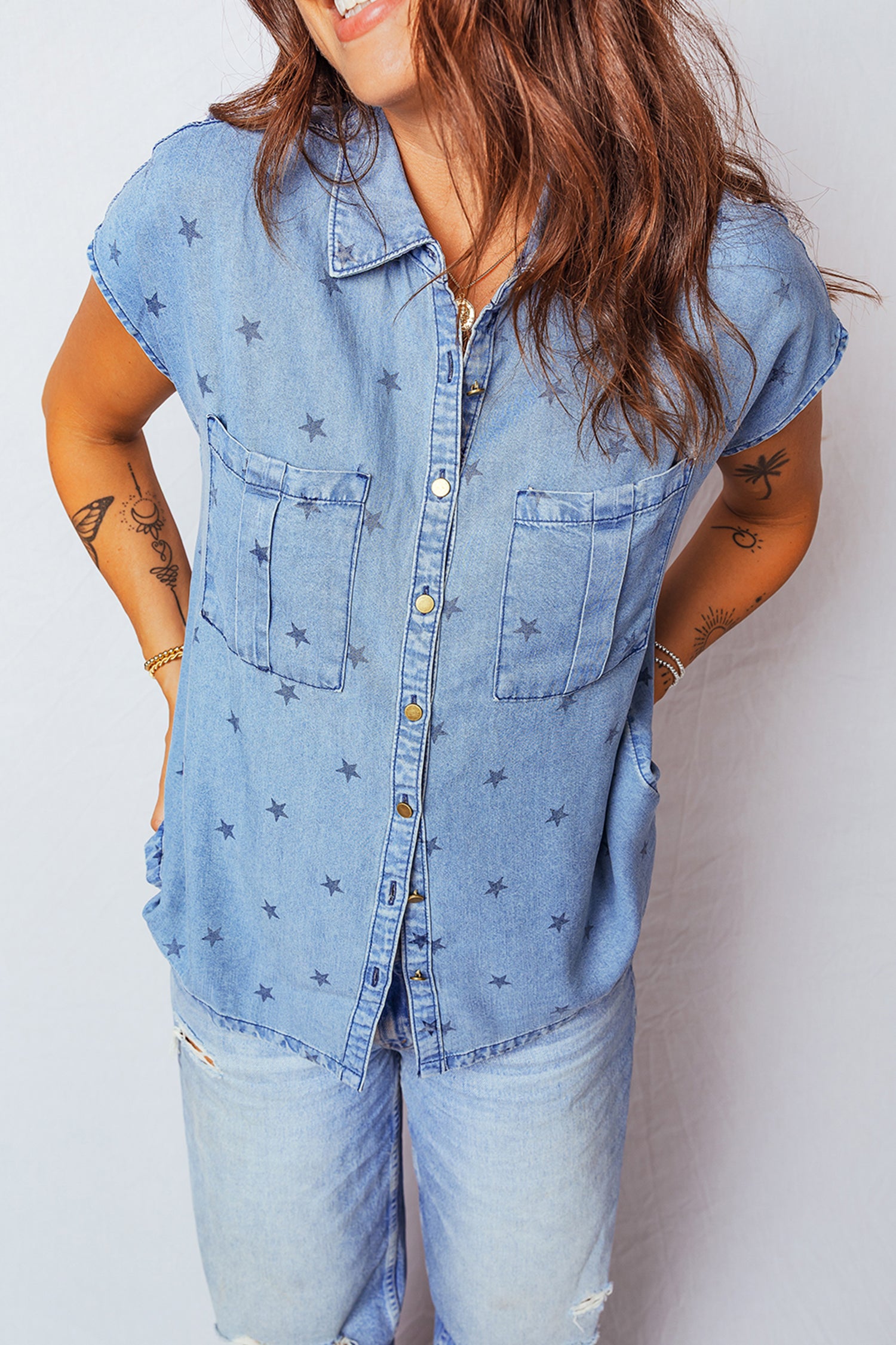 Star Print Double Chest Pocket Short Sleeve Denim Shirt - Tops/Blouses & Shirts