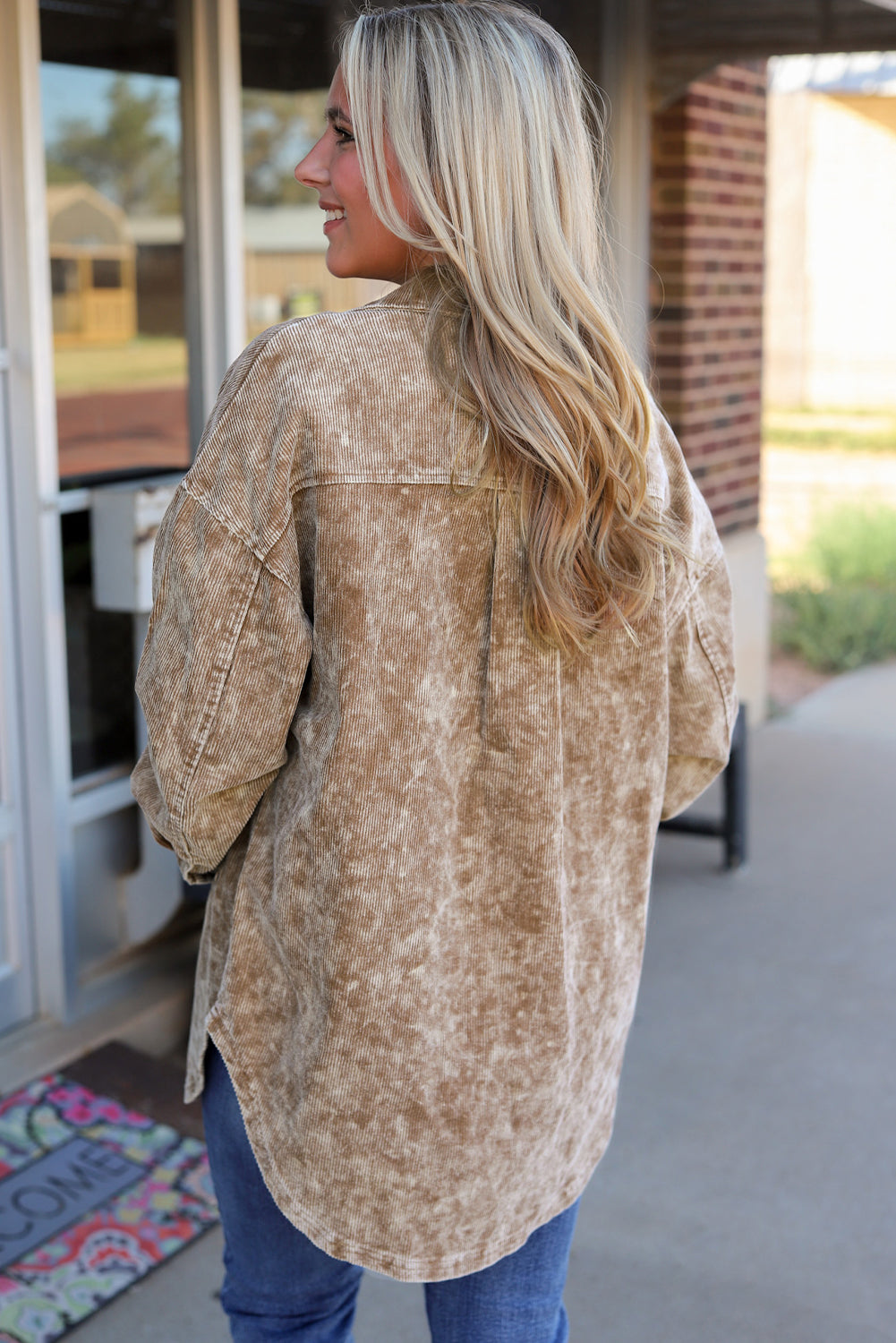 Khaki Vintage Distressed Mineral Wash Oversized Shacket eAura