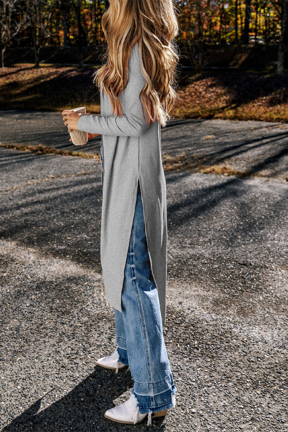 Light French Beige Ribbed Button-Up Split Duster Cardigan eAura